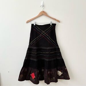 Raga Anthropologie Skirt Brown Corduroy Embroidered Floral Midi Skirt Small new